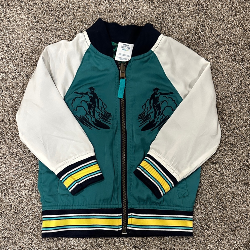 Teal and Cream Bomber Jacket with Striped Trim